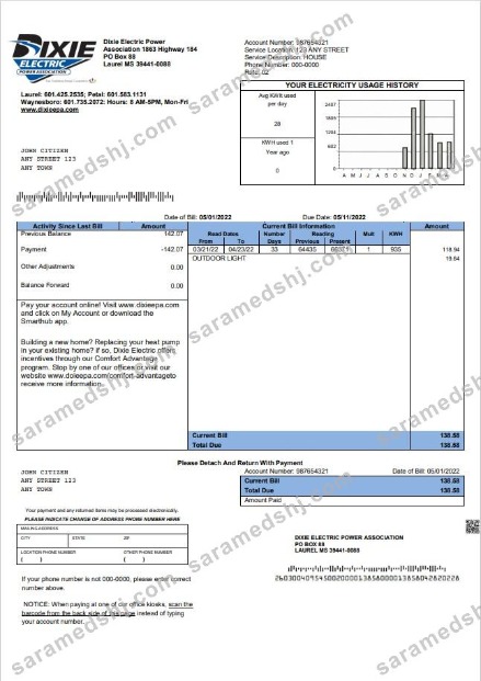 USA Mississippi Dixie Electric utility bill template in Word and PDF format